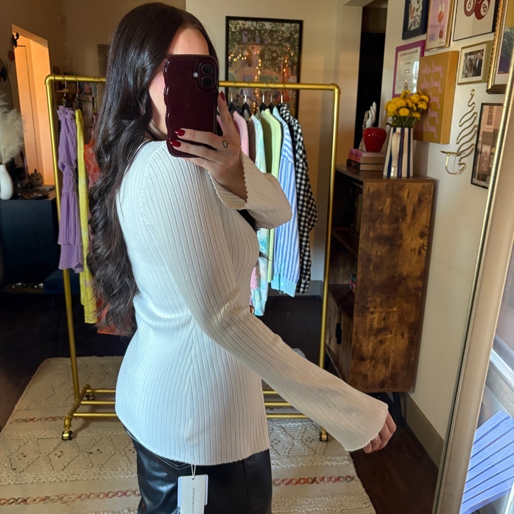 NEW Commense White Ribbed Knit Button Front Sweater - Picture 11 of 14